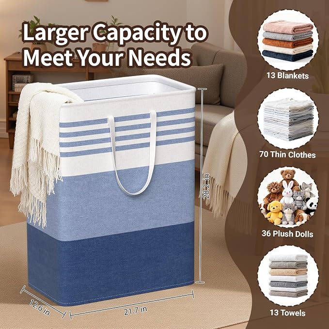 WOWBOX 2 Pack Laundry Baskets, Laundry Hampers, Freestanding Dirty Clothes Hampers with Reinforced Handles & Cross Stitch & Waterproof Coating, for Laundry Bedroom Bathroom Dorm,125L Blue