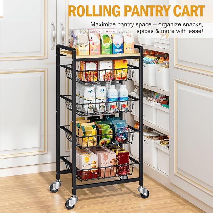 TOOLF 5-Tier Kitchen Cart with Tabletop, Rolling Snack Cart with Lockable Wheels, Fruit Vegetable Storage Basket with 4 Pack Mats, Metal Storage Rack with Pull-Out Pantry Cart for Organizer