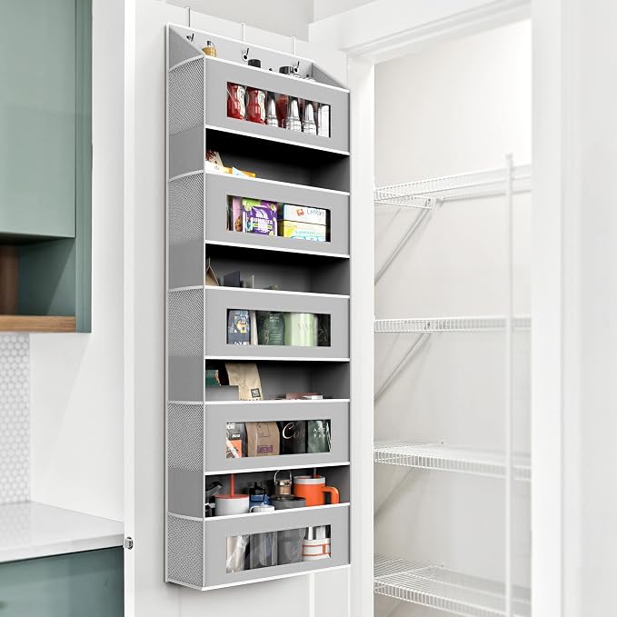 Simple Houseware Large Heavy Duty Over the Door Organizer with 5 Clear Window Pockets, 45 lbs Capacity for Pantry, Closet, Bathroom, Gray