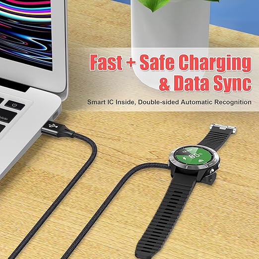 AGVEE 2 Pack 3.3ft Charger for Garmin Watch, L-Shape Charging Cable for Fenix, Forerunner, Vivoactive, Instinct, Venu, Tactix, Approach, D2, Quatix Series, Right Angle Braided, Black