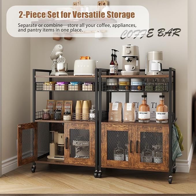 Hencawima Coffee Bar Cabinet, 3 Tier Coffee Station Table on Wheels, 35.9" H Bar Cart with Wire Basket Drawer & 5 Hooks for Home Kitchen, Liquor Buffet Sideboard Cabinet (Rustic Brown)