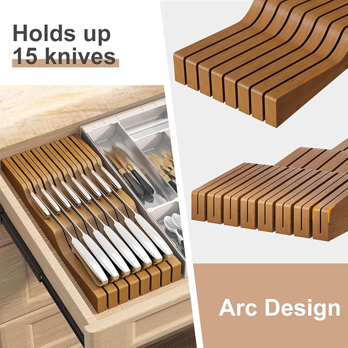 In-Drawer Knife Block Organizer - Bamboo Wood Drawer Knife Organizer-Protecting Knife Organizer Block (Not Included) (Brown, 15 Knives Dock)