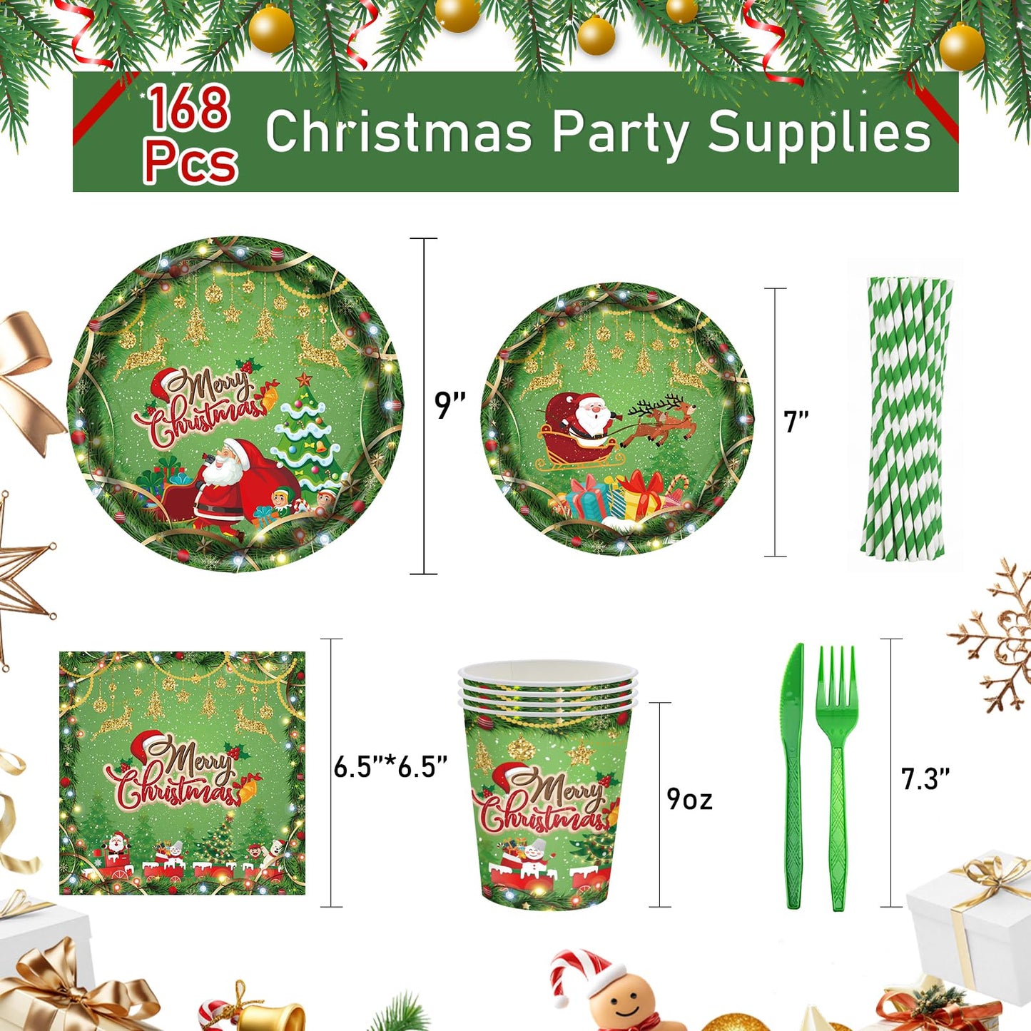168PCS Christmas Plates and Napkins, Cartoon Santa Claus Snowman Christmas Disposable Dinnerware Set Party Supplies, Green Holiday Paper Plates Napkins Cups Cutlery for Xmas Serves 24