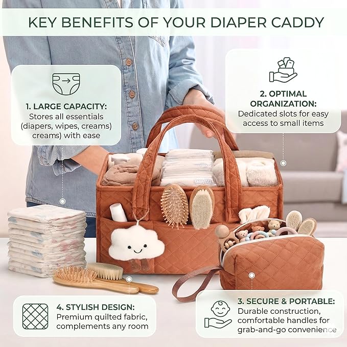 PeraBella Baby Diaper Caddy Organizer, Baby Basket Shower Gift, Portable Changing Table Basket, Postpartum Caddy & Tote Bag Pouch, Newborn Boy & Girl Nursery Essentials Registry, Car Diaper Organizer