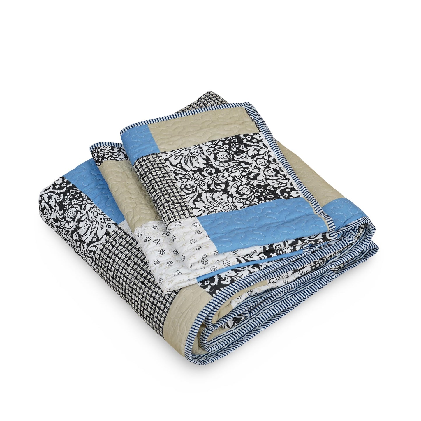 Sifyum Handmade 100% Cotton Quilted Throw Blanket (50x60) – Reversible Patchwork Kids Dohar & Adult Indian Quilt (Blue Patch, Baby Size Throw)