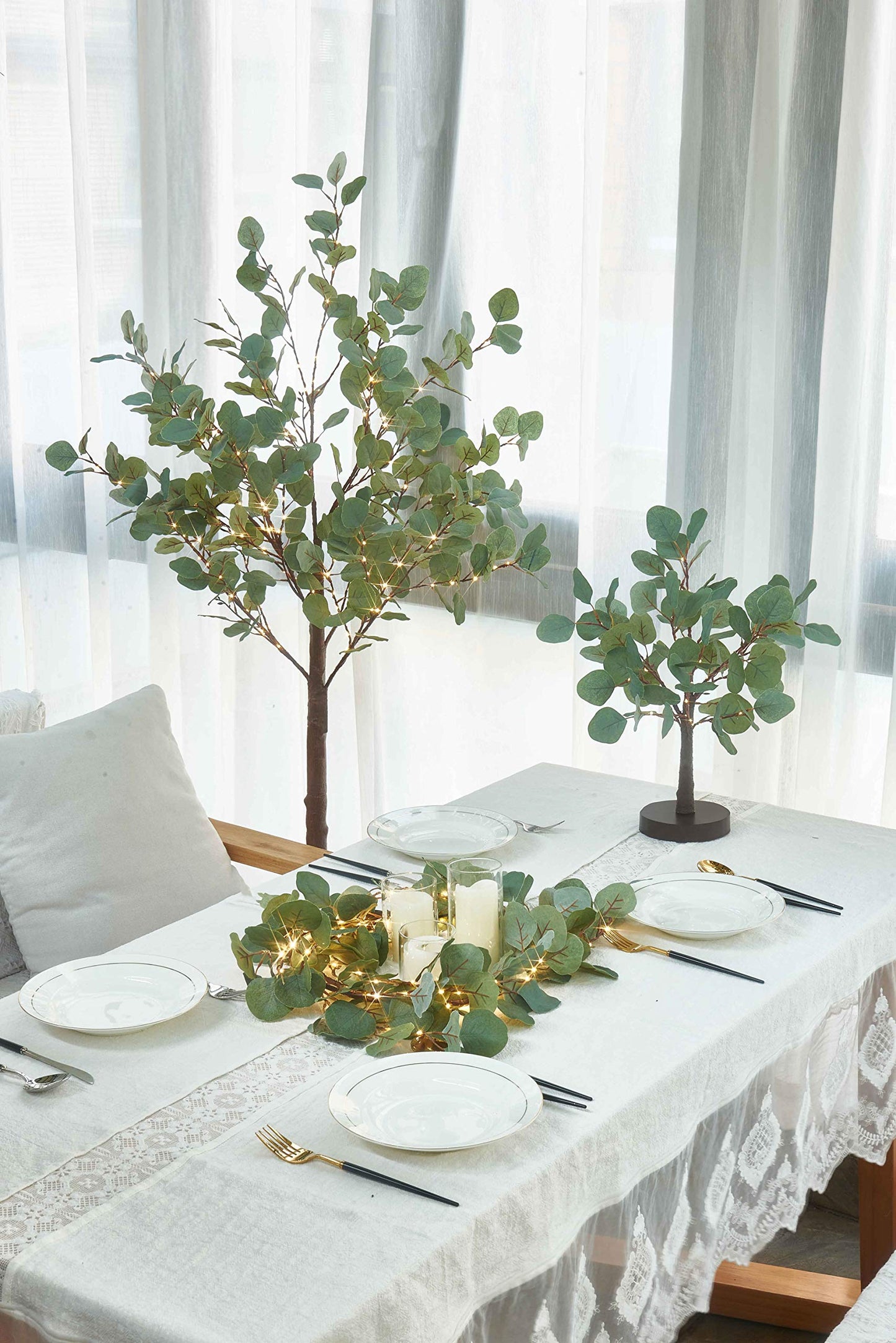 LITBLOOM Lighted Eucalyptus Garland Battery Operated with Timer 6FT 96 LED Artificial Greenery Twig Vine Lights for Room Stairs Mantle Wedding Holiday Decoration Indoor Outdoor