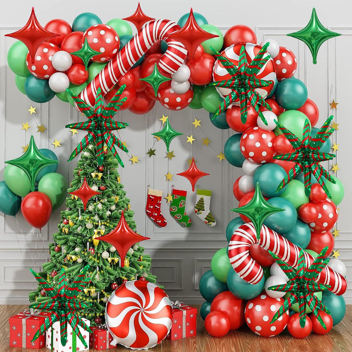 17PCS Christmas Foil Balloon Set, Including Popping Stars and Four Pointed Stars Balloons, Suitable for Christmas Party Decorations, Holiday Home and Event Supplies
