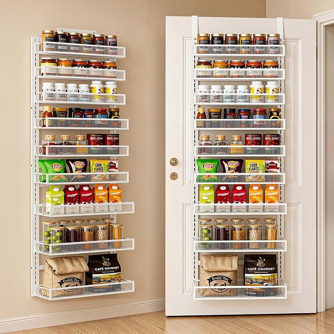 Over the Door Pantry Organizer 9 Tier Hanging Door or Wall Mounted Spice Rack with Adjustable Acylic Basket,Heavy Duty Metal Seasoning Storage Shelf for Kitchen Pantry and Bathroom White