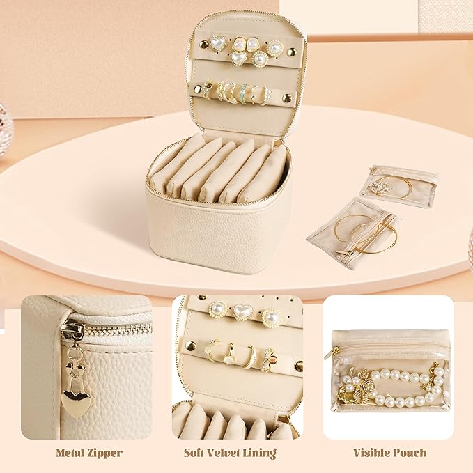 Travel Jewelry Case, Small Travel Jewelry Box with 6 Velvet Jewelry Bag Mini Pouch, Portable Travel Jewelry Organizer for Rings Earrings Necklaces, Beauty Gifts for Women Girls (Beige)