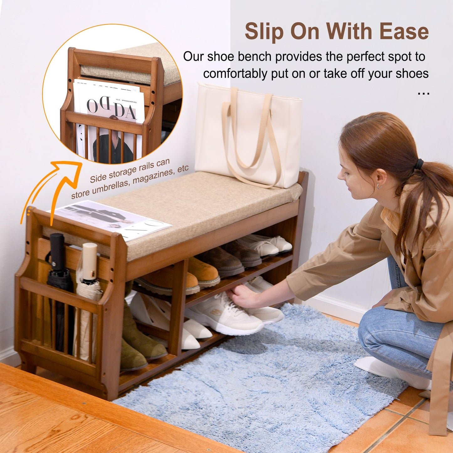 PETKABOO Shoe Bench with Hidden Drawer and Side Holder, 2 Tier Entryway Bench with Storage 39.4 in, Bamboo Shoe Rack with Cushion for Entryway Hallway Living Room Bedroom