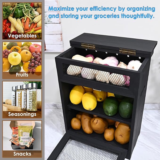 Ikee Design Free Assemble Wooden Countertop Potato and Onion Storage Bin Box, Countertop Cabinet, Wooden Bread Boxes, Potato Storage, Coffee Station,11.8W x 6.8D x 16H in, Black Color