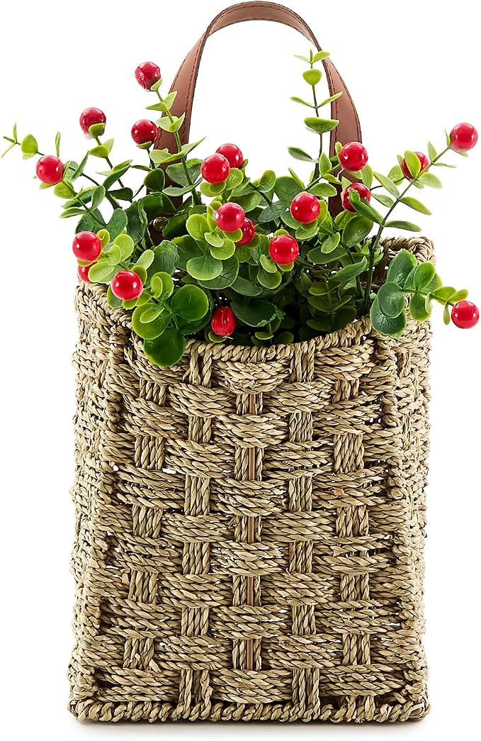 Wall Hanging Pocket Basket Portable Seagrass Storage Basket Decorative Boho Mounted Organizer Dried Flower Plants Front Door Basket for Garden Farmhouse Home