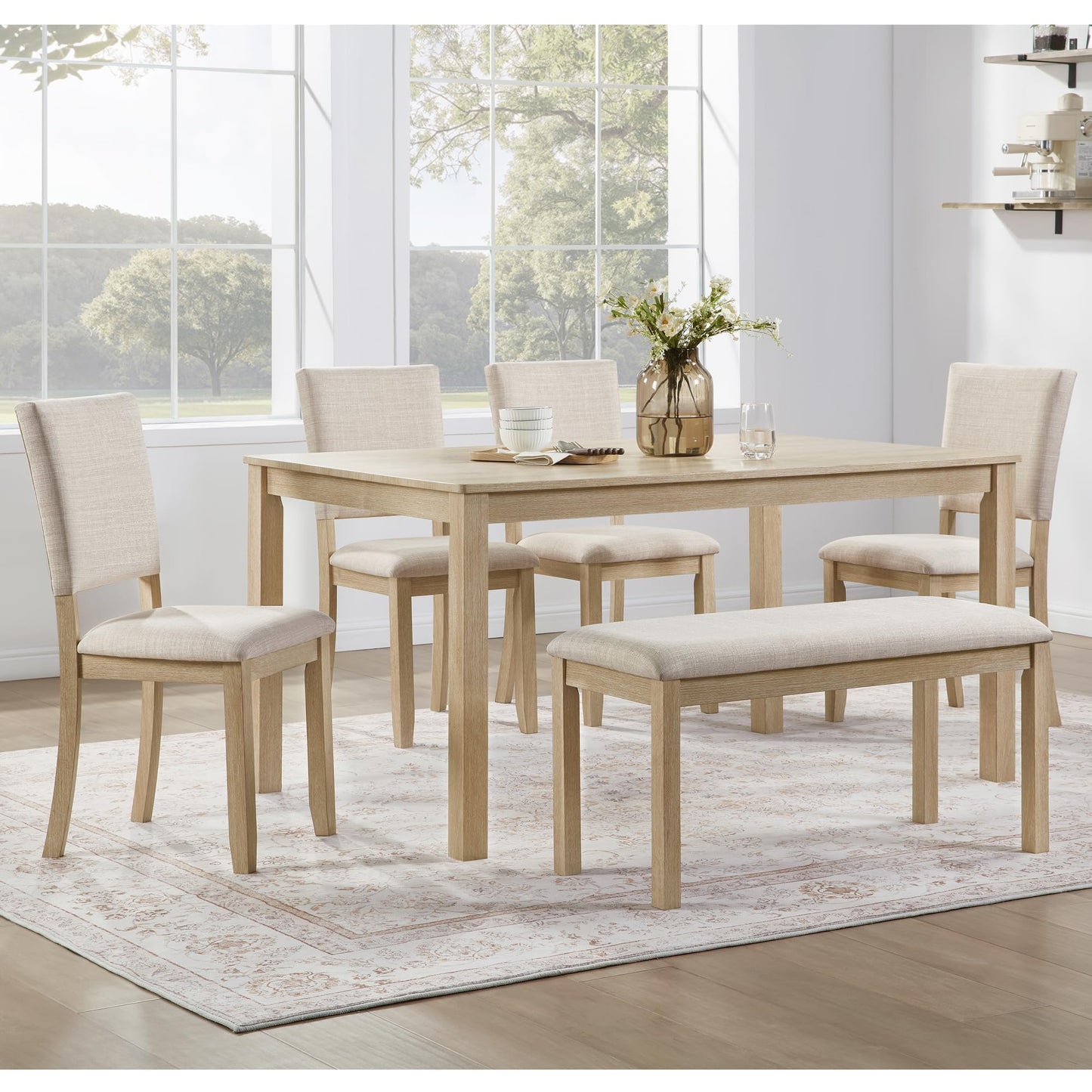KEIKI 6-Piece Standard Height Dining Table Set with Rectangular Table, 4 Upholstered Chair, Bench, for 6 Person, Modern Style Wooden Table Set, Easy Assembly, for Kitchen, Dining Room, Light Oak