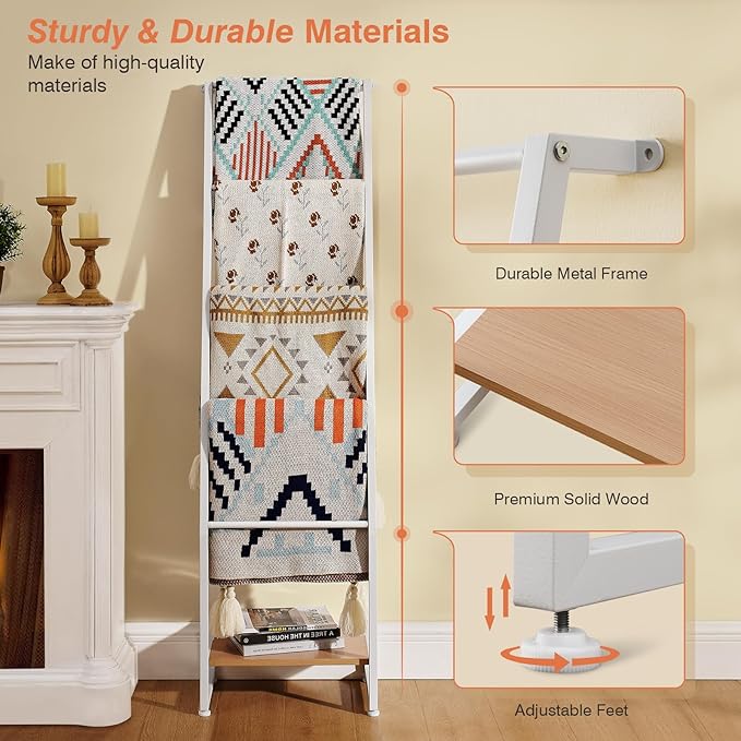 DGWJSU Blanket Ladder, 5 Tier Ladder Shelf,Wooden Blanket Ladders for Living Room and Bedroom, 5.2ft Blanket Holder Rack Farmhouse Ladder Rack for Storage and Home Decor (White)