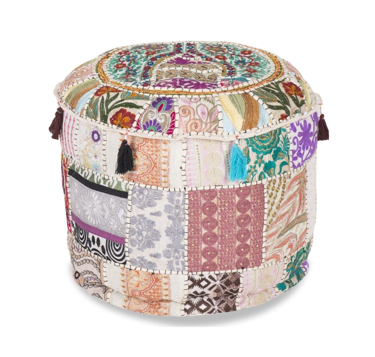 Aakriti Gallery Indian Pouf Footstool Ethnic Embroidered Pouf Cover, Indian Cotton Round Pouffe Ottoman Pouf Cover Pillow Ethnic Decor Art - Cover Only (White, 18x13)