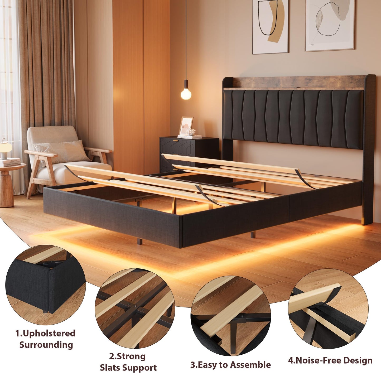 GarveeHome Floating Bed Frame King with LED Lights & USB Charging Station – Modern Upholstered Platform Bed with Headboard, Solid Wood Slats Support, No Box Spring, Easy Assembly, Noise-Free, Black