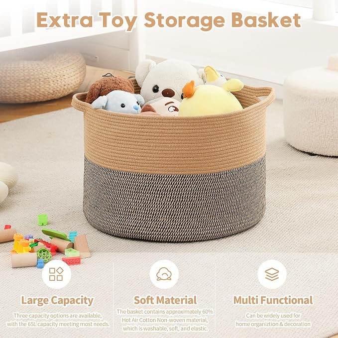 Foldable Laundry Hamper Basket with Collapsible Handle Cotton Rope Soft Woven Fabric Storage Organizer Clothes Toys Nursery Bedroom Dorm Space Saving Bin (Camel & Mix Camel, 80L(21.7"D x 13.8"H))