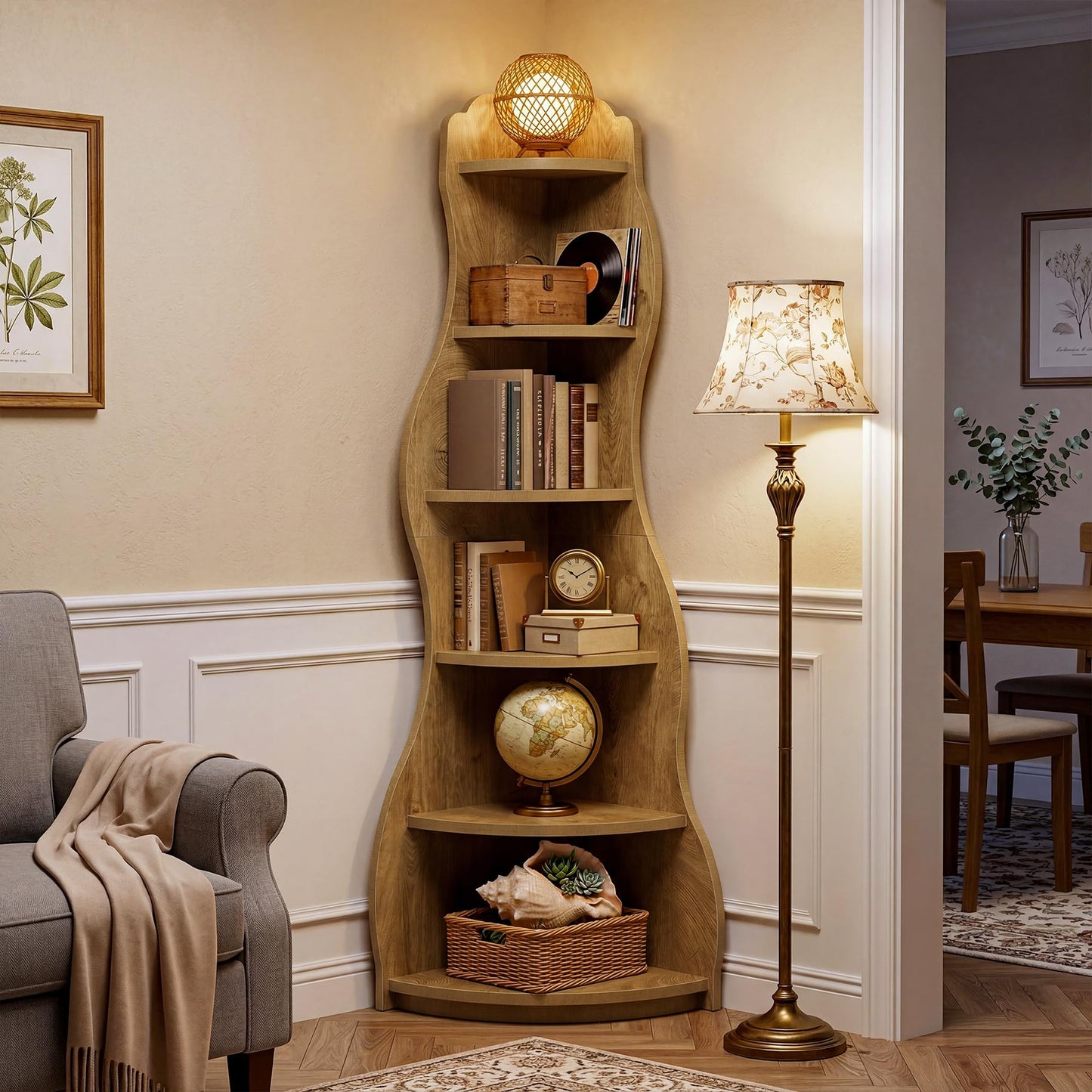 Tribesigns Modern Wavy Corner Shelf, 68.9-Inch 6-Tier Wall Corner Display Bookshelf, Unique Tall Bookcase Storage Rack Plant Stand for Small Space, Living Room, Home Office, Bedroom, Rustic