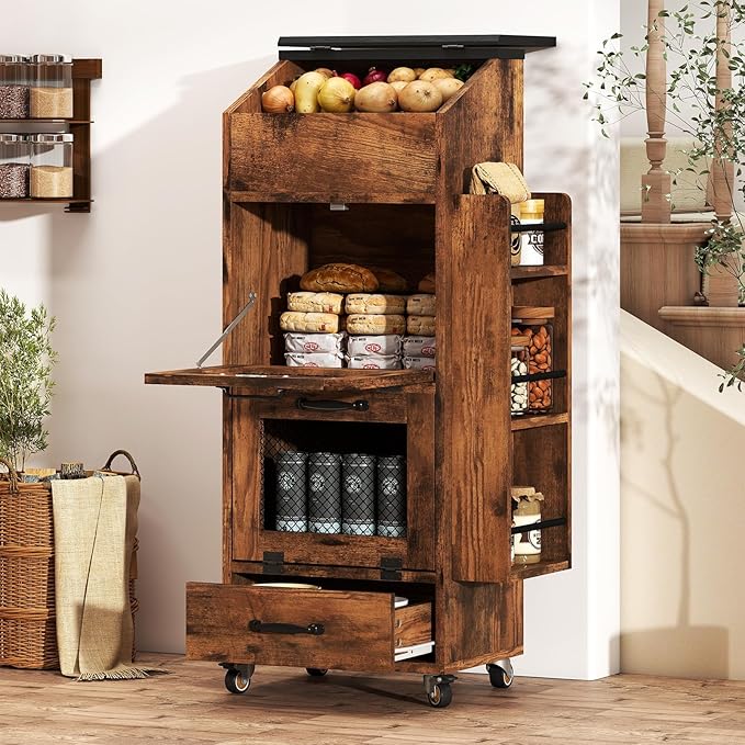 Verano Garden Potato and Onion Storage Bin on Wheels, Wood Bread Box with Lid & Mesh Doors, 4-Tier Rolling Fruit and Vegetable Storage Organizer w/Drawer & Side Rack for Kitchen (Rustic Brown, 16.0")
