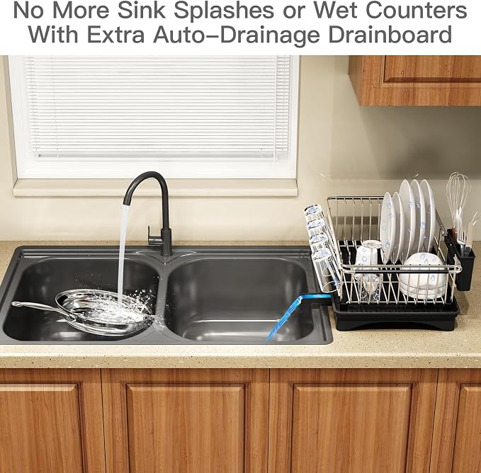 MAJALiS Dish Drying Rack Over The Sink with Utensil Holder, Drainboard | Expandable Stainless Steel Dish Drainer for Small Kitchen, Apartment, RV, Counter Space Saving, Perfect Fit, Rustproof