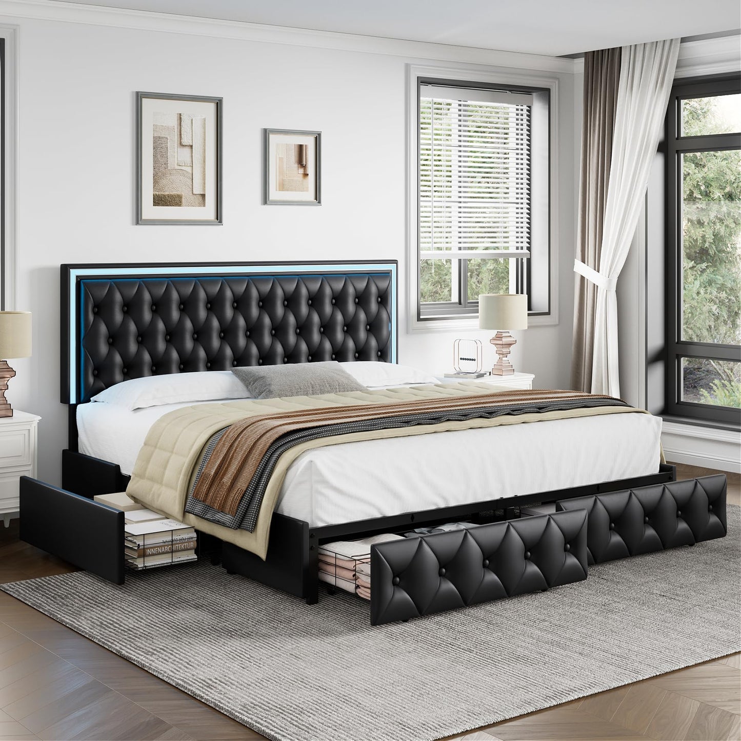 Keyluv Queen Upholstered LED Bed Frame with 4 Drawers, PU Leather Platform Storage Bed with Adjustable Button Tufted Headboard and Solid Wooden Slats Support, No Box Spring Needed, Black