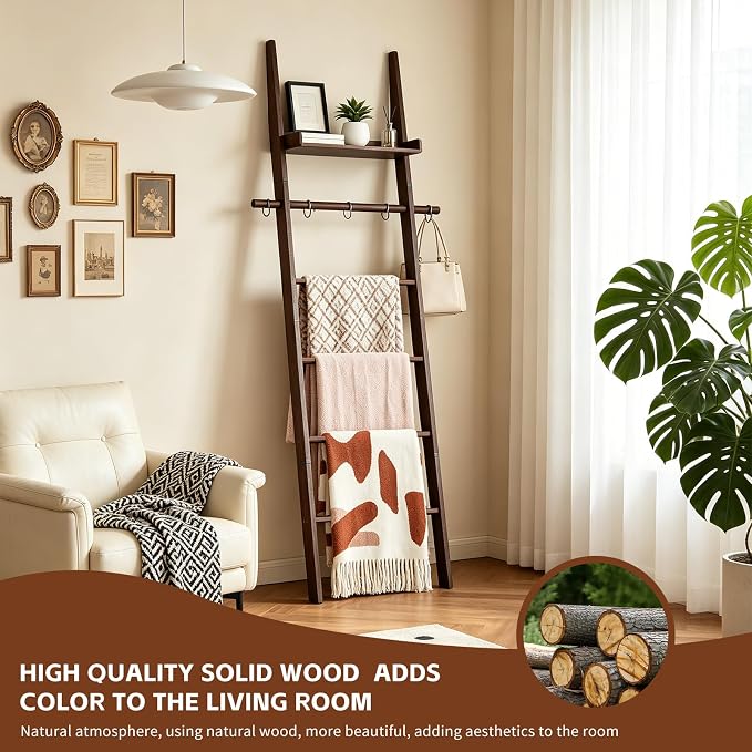 Farmhouse Wooden Blanket Ladder with Shelf,6-Tier Rustic Quilt Towel Rack Decorative Holder Wall Leaning Storage with Removable Hooks for Home Living Room Bedroom Decor Brown
