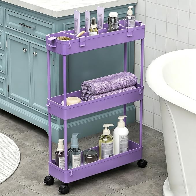 SPACELEAD Slim Storage Cart 3 Tier,Bathroom Organizer Rolling Utility,Mobile Shelving Unit Slide Out for Office, Kitchen, Laundry Room & Narrow Places,Purple