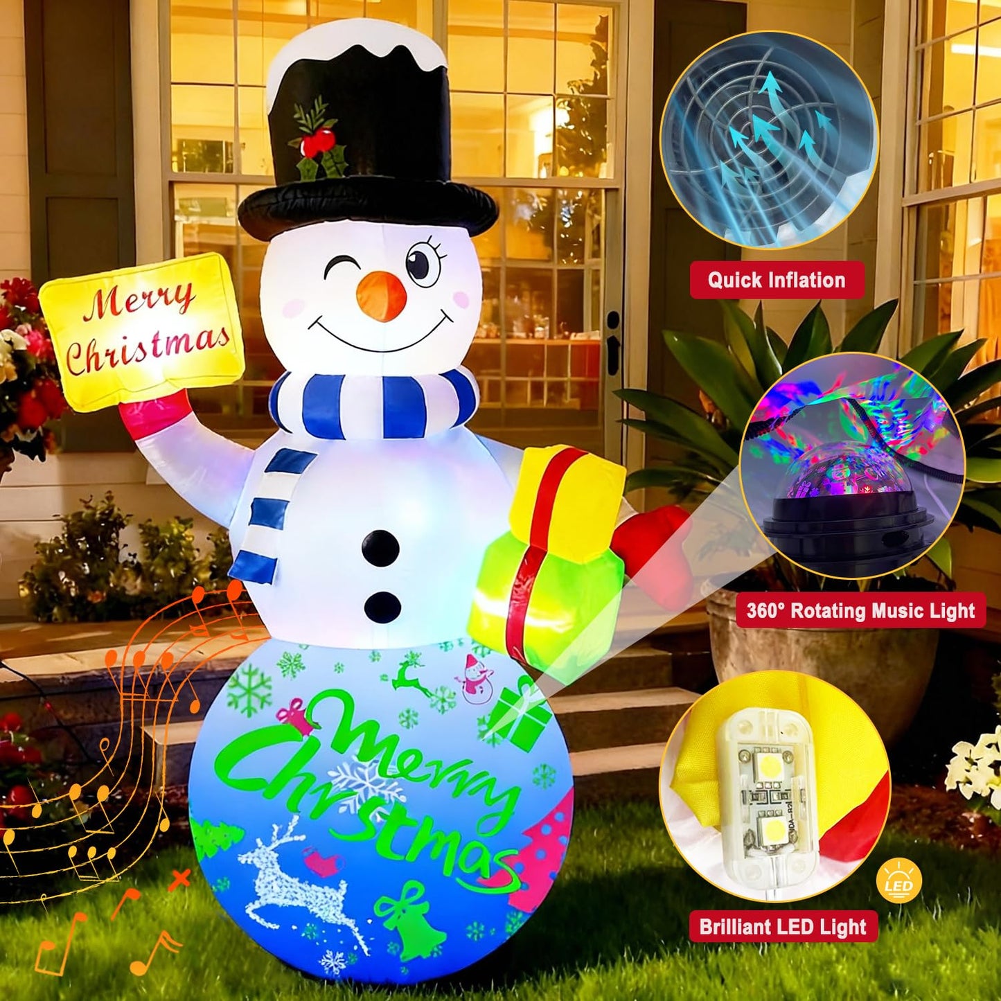 Airdomi 6FT Christmas Inflatables Snowman Outdoor Christmas Decorations Blow Up Snow Man Decor Built-in Rotating Music Box LED Light Wear Magic Hat for Indoor Yard Holiday Party Garden Xmas New Year