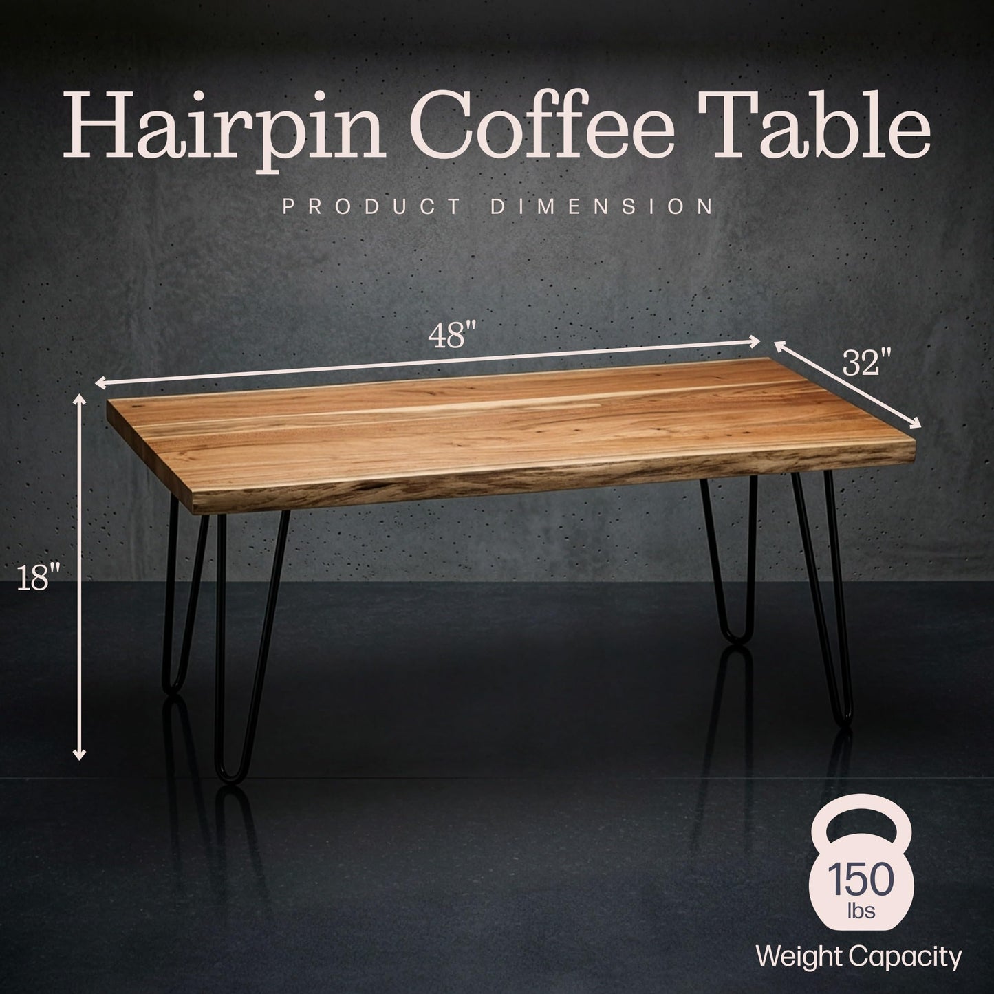 Alaterre Furniture 48-Inch Live Edge Coffee Table with Hairpin Metal Legs – Rustic Modern Farmhouse Solid Acacia Wood Living Room Table in Natural Finish