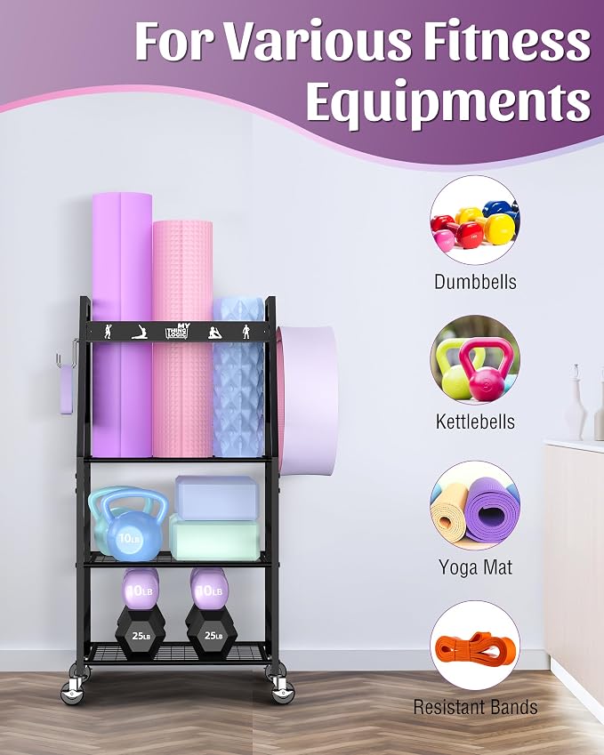 Mythinglogic Yoga Mat Storage Racks,Home Gym Storage Rack for Dumbbells Kettlebells Foam Roller, Yoga Strap and Resistance Bands, Workout Equipment Storage Organizer With Hooks and Wheels