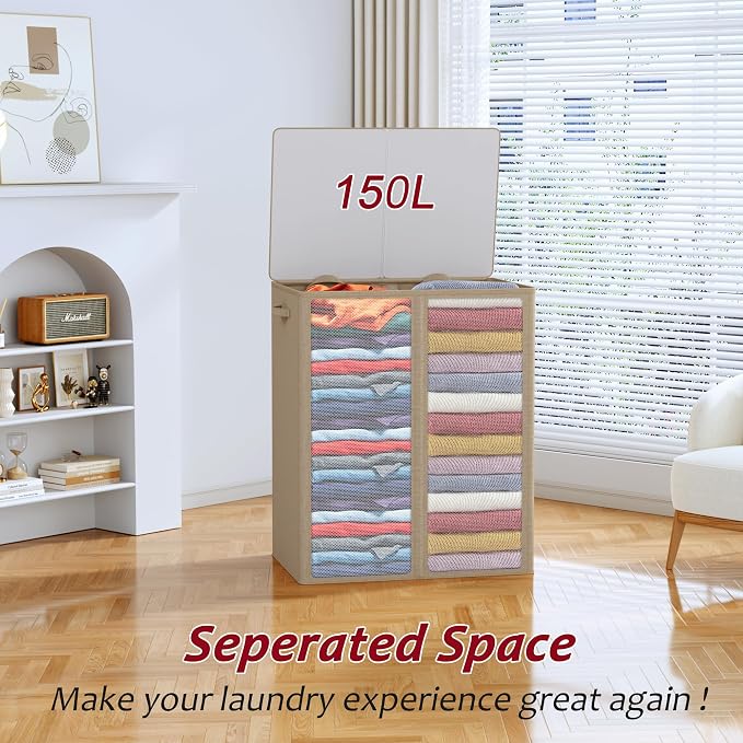 150L Laundry Hamper 2 Section, Large Laundry Hamper with Lid, Dirty Clothes Hamper with 2 Removable Inner Bags, Collapsible Laundry Basket Organizer for for Clothes Toys Towels, Hamper 2 Compartment
