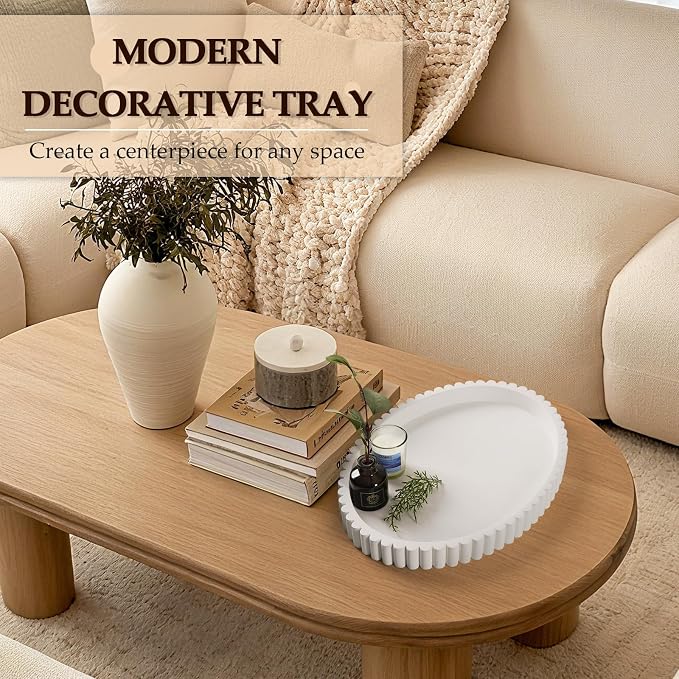 Oval Tray for Coffee Table Decor, 15" Concrete Tray, Table Centerpieces Decorative Trays for Home Decor, Modern Decorative Trays for Coffee Tables, Centerpiece Trays, White