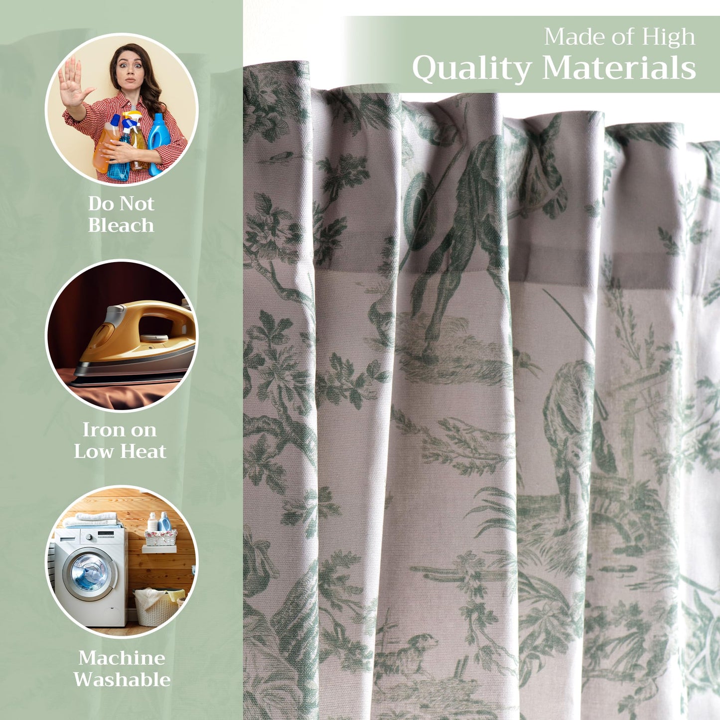 Maison d' Hermine Curtains for living room 100% Cotton 124 inch length Two Panels Light Filtering Toile Curtains for Bedroom Windows with rod and loop Pockets (The Miller Antique Green, 50"W x 124"L)