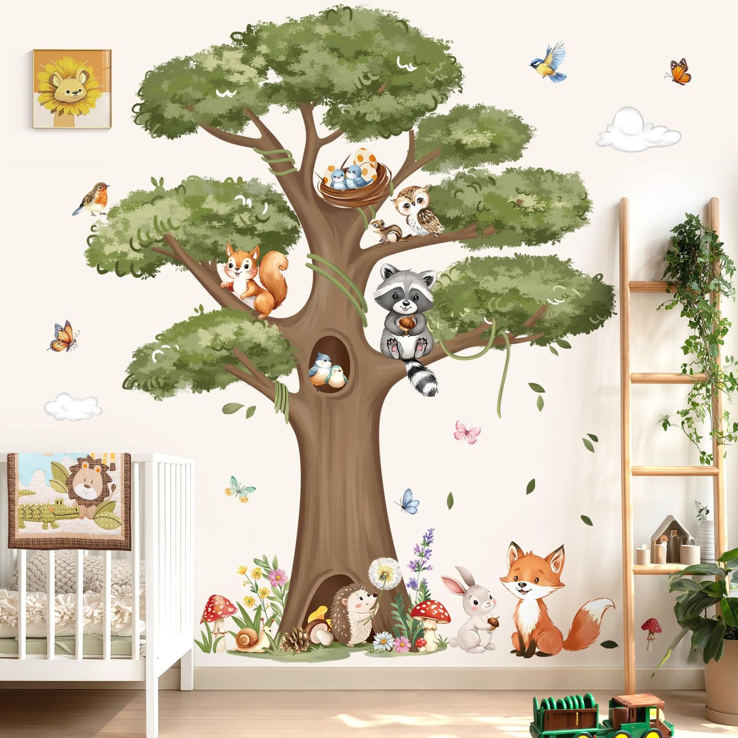 decalmile Woodland Animals Large Tree Wall Stickers Forest Animal Fox Rabbit Hedgehog Wall Decals Kids Room Baby Nursery Bedroom Wall Decor
