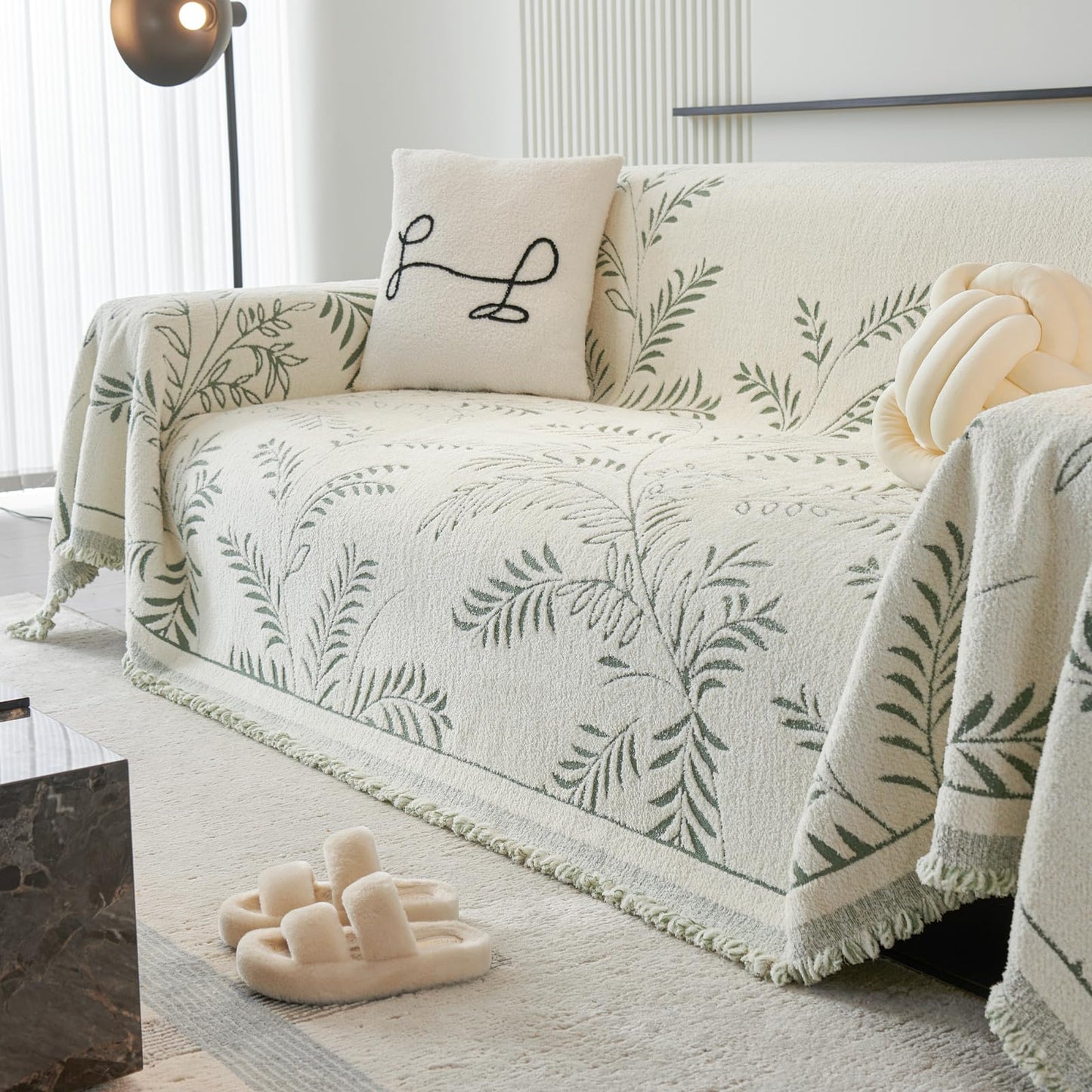 VOGOL Anti-Scratch Chenille Couch Cover, Sage Green Leaf Pattern Sofa Protector, 70x134 Durable Woven Throw for 3 Cushion Couch, Modern Living Room Decor, 1 Pack