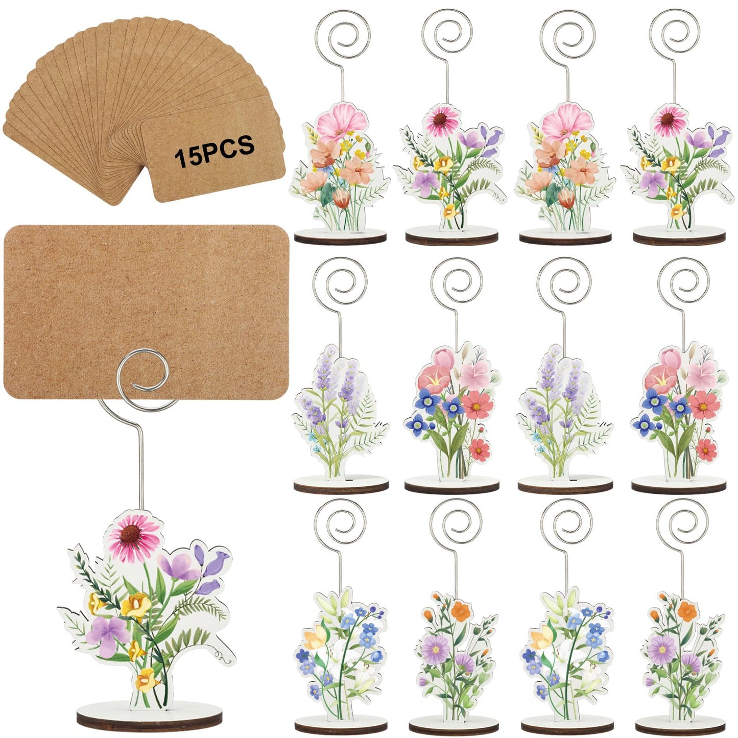 12 Pcs Wildflower Wood Place Card Holders with 15 Cards Flower Photo Iron Stands Table Setting Number Name Picture Clip Holder for Baby in Bloom Baby Shower Wedding Birthday Spring Party Supplies