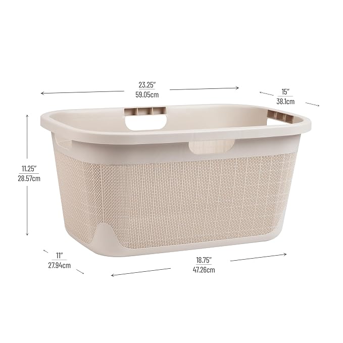 Mind Reader 40L Laundry Basket, Linen Design Clothes Hamper, Plastic Storage Bin with Handles, Ivory