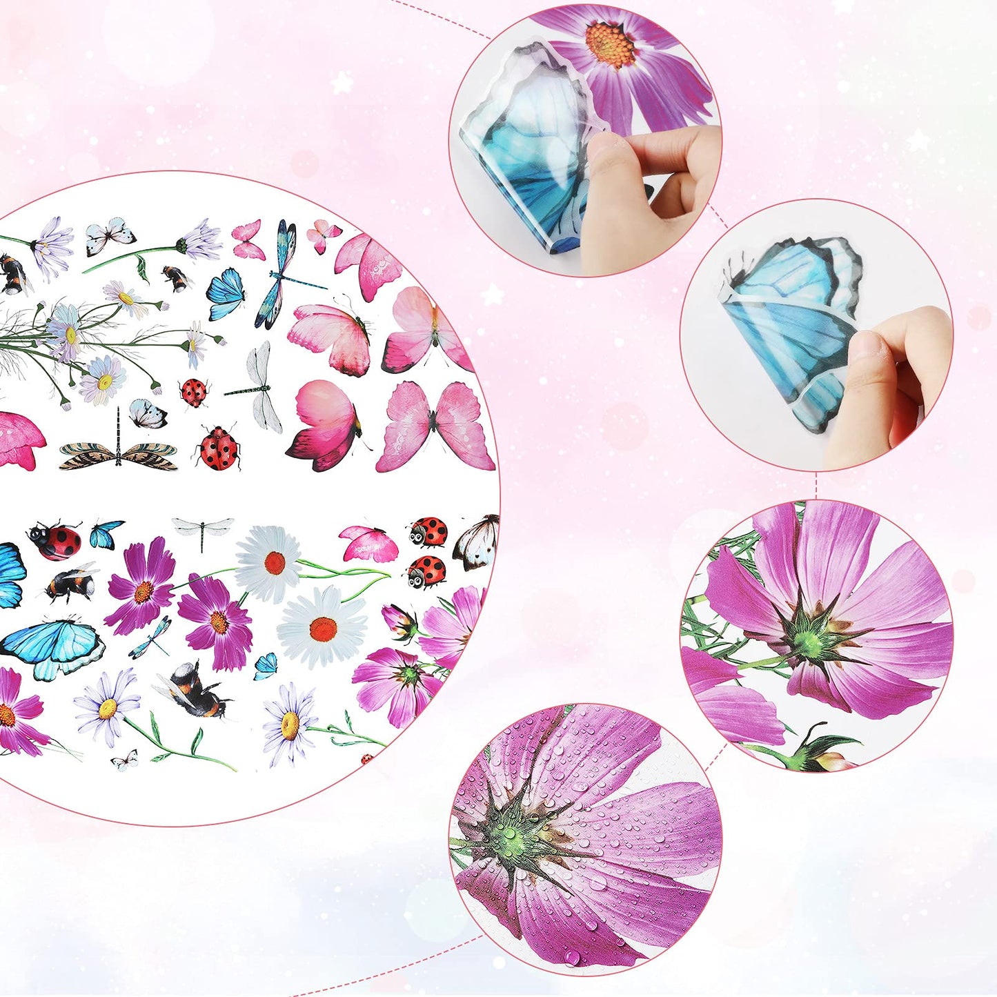 Zonon 64 Pcs Flowers and Butterflies Wall Decals, Wildflower Butterfly Dragonflies Decals for Wall, Removable PVC Garden Peel and Stick Walls Stickers Murals for Nursery Bedroom Office Decor(Red)