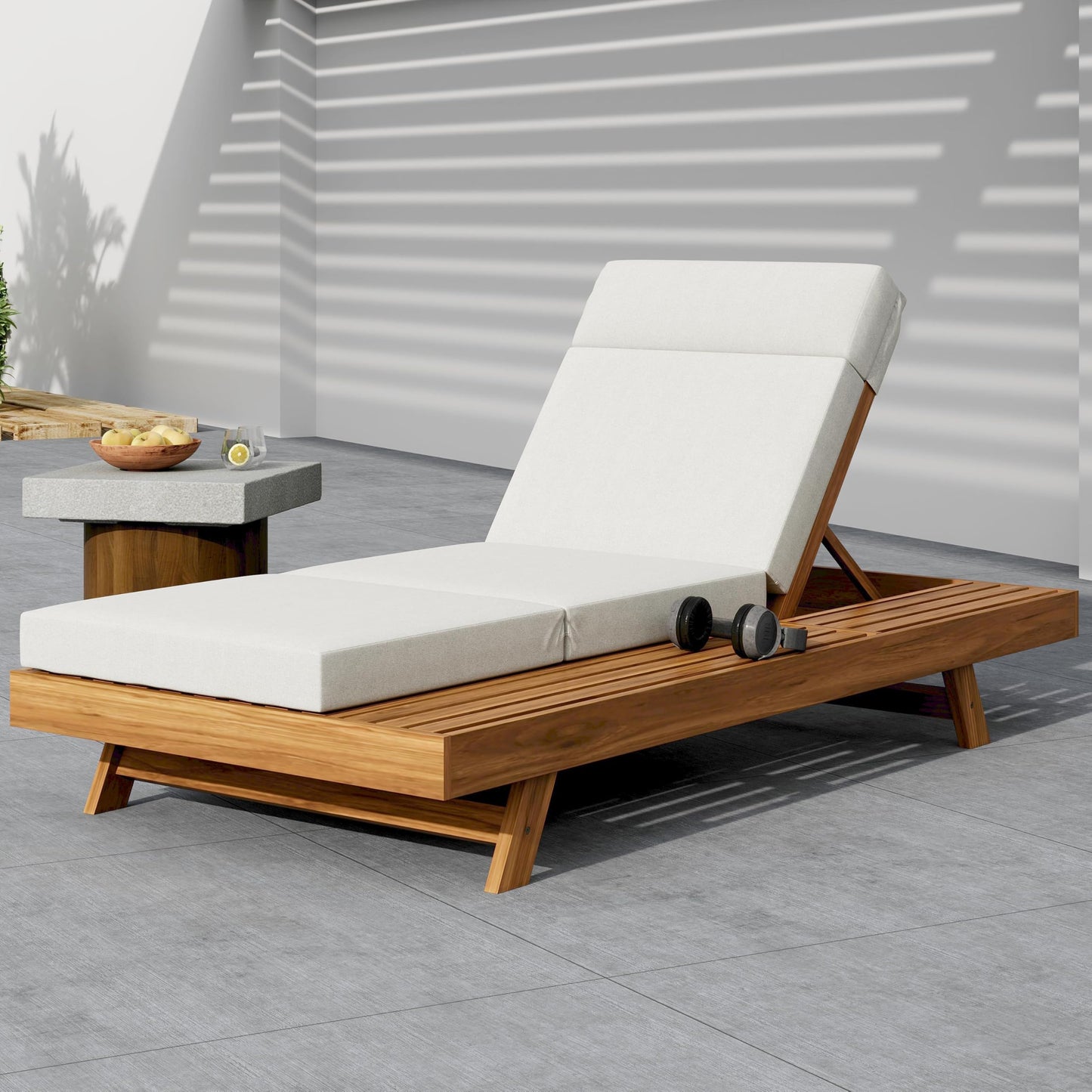 Christopher Knight Home Kayes Wood Chaise Lounge with 4'' Four-Folds Cushion, Outdoor 79'' Patio Recliner Chair with 4-Position Adjustable Backrest, Sun Lounger for Backyard, Teak+Cream