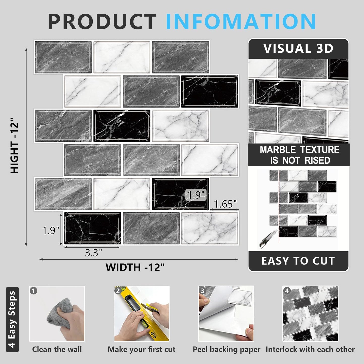 URCOLOR 10-Sheet Peel and Stick Backsplash Tile Sticker for Kitchen,12"x12" Self Adhesive Subway Wall Tiles Stick on Back Splashes for Bathroom White Gray Black White Marble Design