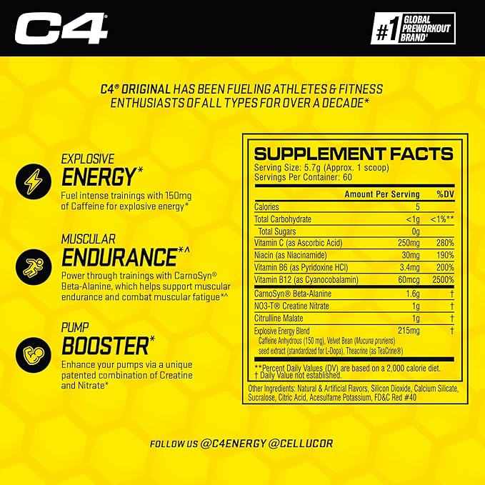 Cellucor C4 Original Pre Workout Powder Strawberry Margarita | Vitamin C for Immune Support | Sugar Free Preworkout Energy for Men & Women | 150mg Caffeine + Beta Alanine + Creatine | 60 Servings