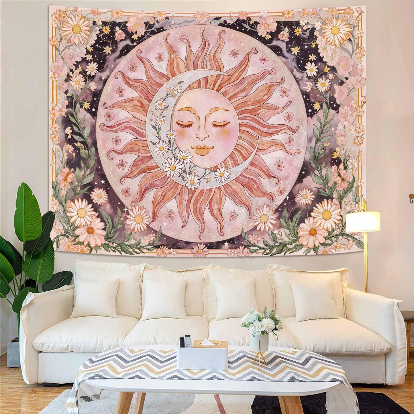 Neasow Sun Moon Daisy Tapestry, Boho Aesthetic Floral Wall Art, Pink Hippie Decor for Living Room Bedroom Home, 36x48 inches