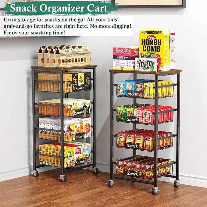 OKZEST Fruit Basket, 5-Tier Utility Kitchen Organizer and Storage Cart with Pull-Out Baskets and Wood Top, Rolling Pantry Kitchen Cart on Wheels for Fruit Potato Onion Vegetable Snack Produce