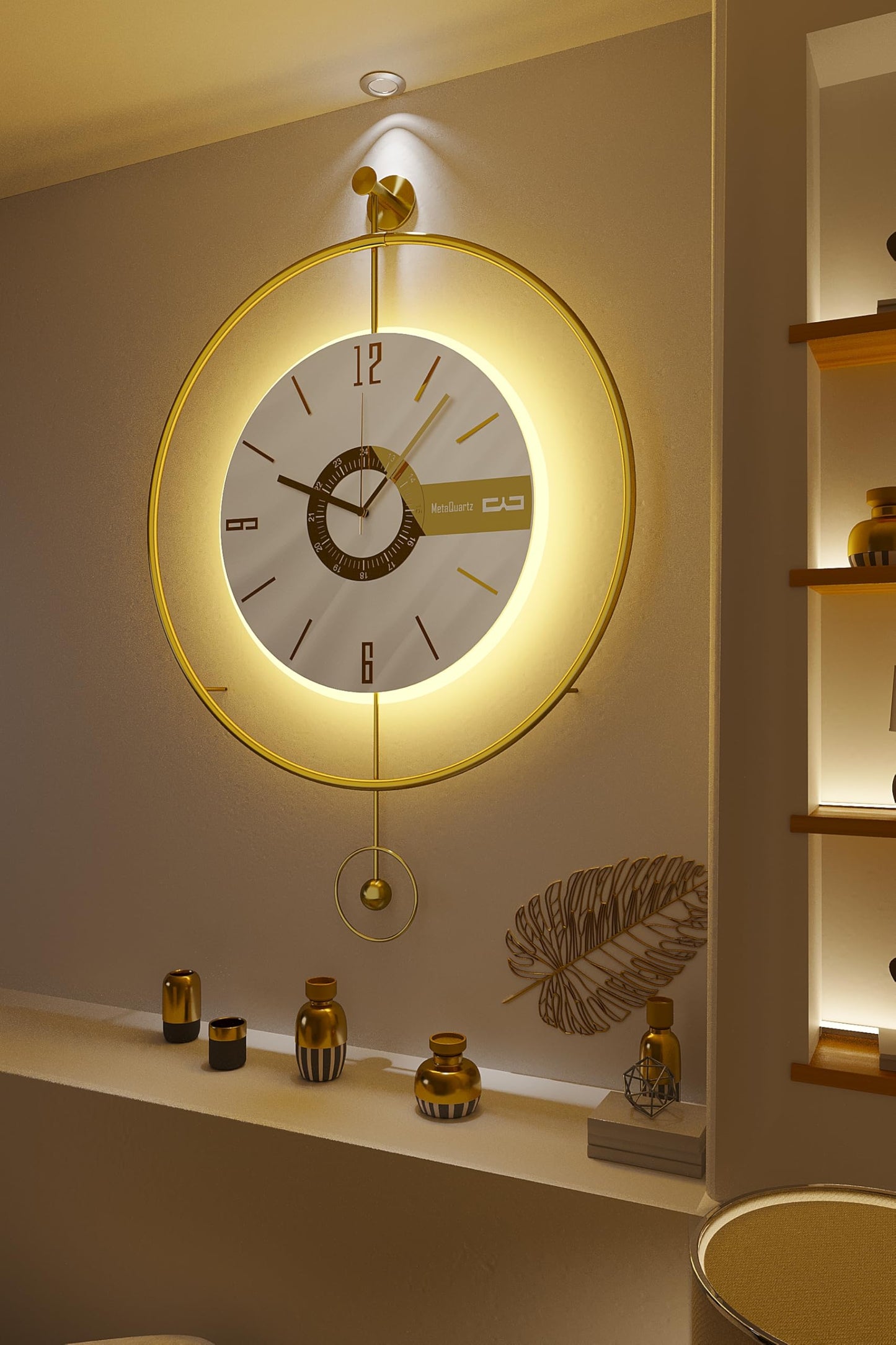 FUNTLY Large Luxury LED Backlit Wall Clock – Pendulum Roman Numeral Metal Ring, Silent Non-Ticking Decorative Clock for Living Room Bedroom Entryway, Modern Halo Glow (Elit Gold)