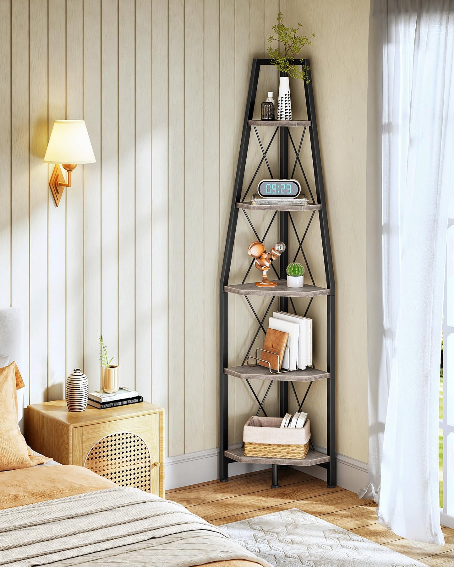 CHOEZON 5-Tier Corner Shelf, Corner Bookshelf, Ladder Shelf, Floor Standing Storage Rack, Open Display Stand, Plant Stand, for Living Room, Bedroom, Study, Bathroom, Greige and Black TCJ22BG