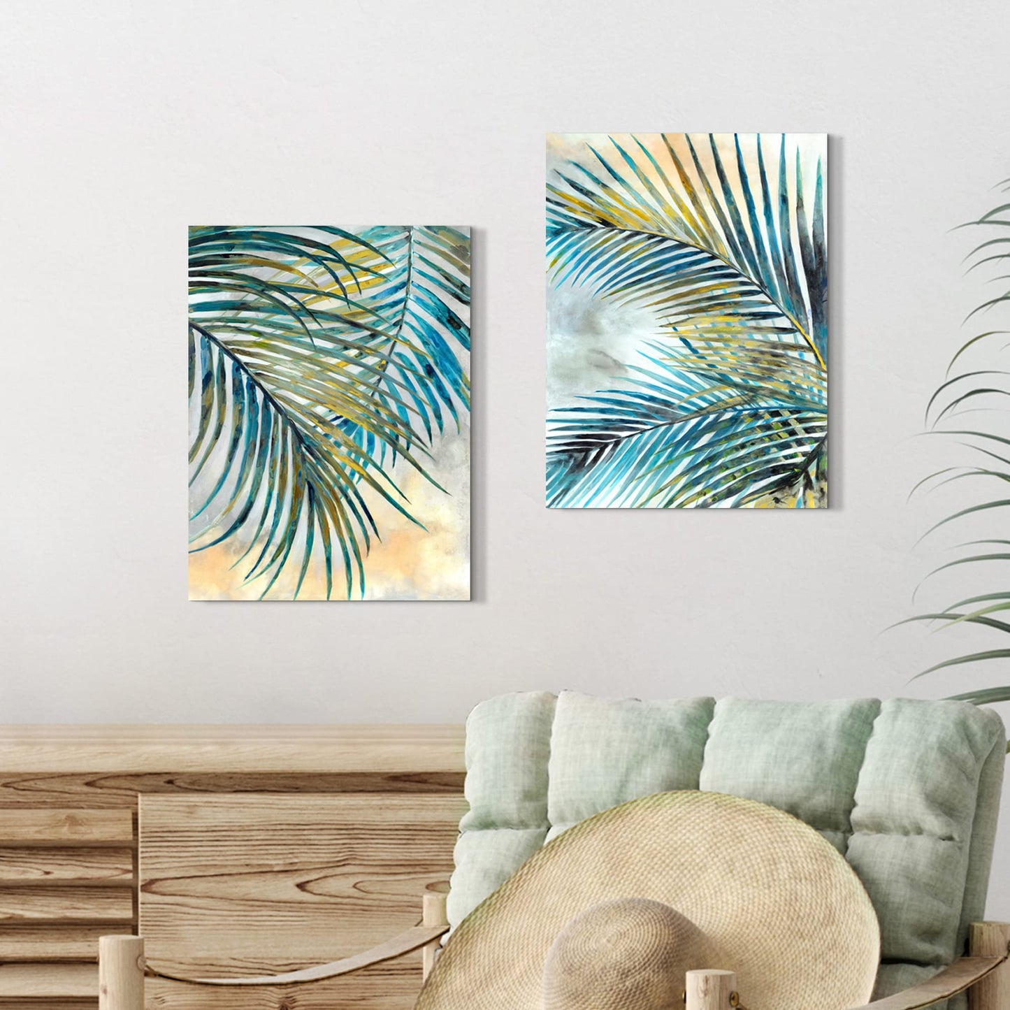 ARTISTIC PATH Abstract Palm Leaves Wall Art: Tropical Ferns Leaf Graphic Art Print on Wrapped Canvas Set for Dining Rooms (11" W x 16" H x 2 PCS,Multi-Sized)
