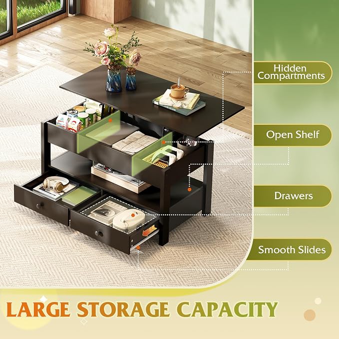 WLIVE Coffee Table, Lift Top Coffee Table with 2 Drawers, Large Hidden Compartment and Open Storage Shelf, Lift Tabletop, Dining Table for Living Room, Black