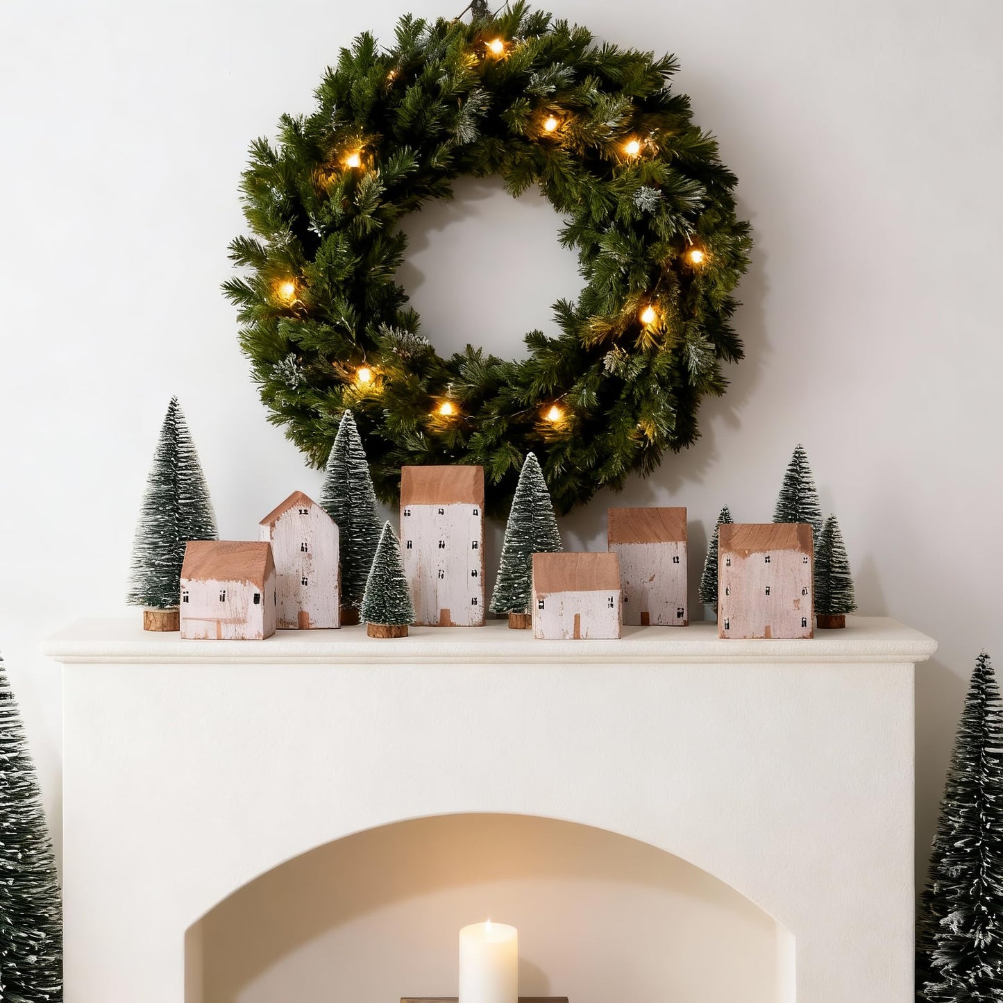Mokof 12 Pcs Christmas Village Set - 6 Wooden Houses and 6 Snowy Trees, Farmhouse Christmas Decorations Indoor for Tabletop, Mantel, Shelves Holiday Decor (2.8" to 5.5" Tall)