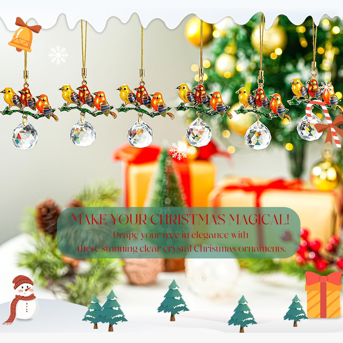 H&D HYALINE & DORA 6 Pcs Birds on Branches with Ball Prism Suncatchers Birds Hanging Ornament Indoor Decorations for Holiday Present Ideas