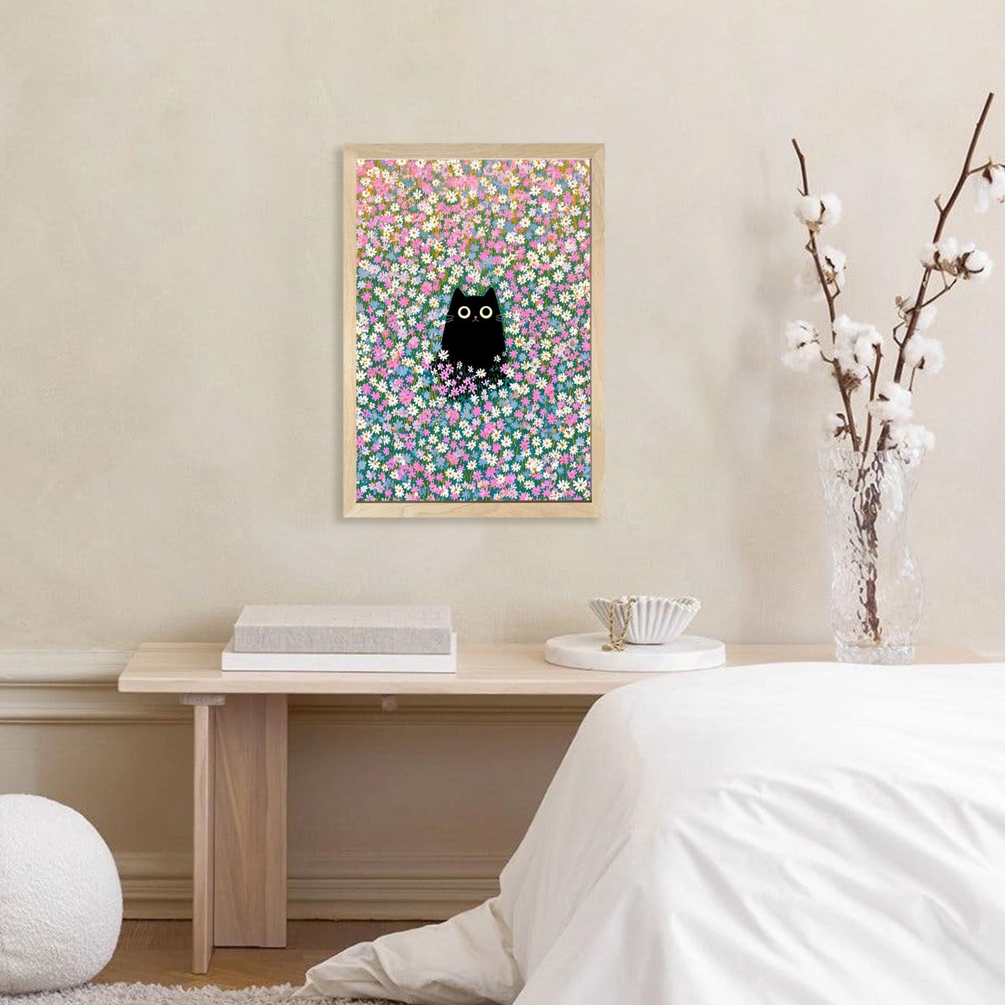 Apokiil Black Cat in Wildflower Field Wall Art - Cute Cat Floral Canvas Print, Poster for Bedroom Living Room Bathroom Wall Decor 24x 16In